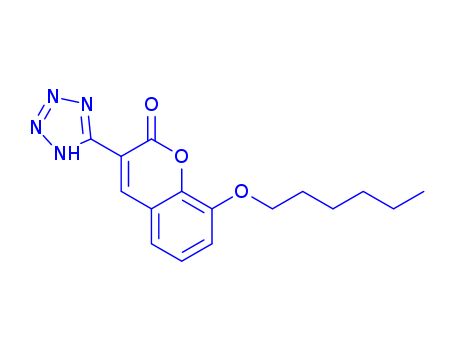 76239-32-2,KP 136,2H-1-Benzopyran-2-one,8-(hexyloxy)-3-(1H-tetrazol-5-yl)- (9CI); 8-(Hexyloxy)-3-(1H-tetrazol-5-yl)coumarin;AL 136; KP 136; KP 136 (pharmaceutical)