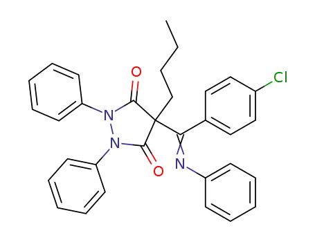 Molecular Structure of 75859-68-6 (3,5-Pyrazolidinedione, 4-butyl-4-((4-chlorophenyl)(phenylimino)methyl) -1,2-diphenyl-)