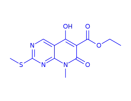 Molecular Structure of 76360-81-1 (ethyl 5-hydroxy-8-methyl-2-(methylthio)-7-oxo-7,8-dihydropyrido[2,3-d]pyrimidine-6-carboxylate)