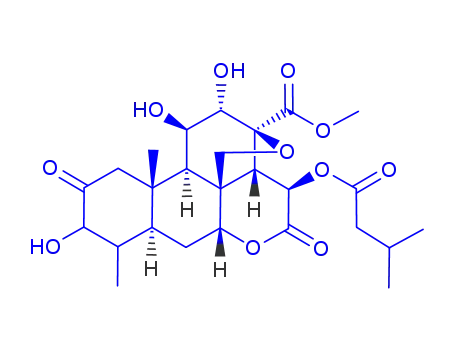 Molecular Structure of 77702-23-9 (methyl 3,11,12-trihydroxy-15-[(3-methylbutanoyl)oxy]-2,16-dioxo-13,20-epoxypicrasan-21-oate)