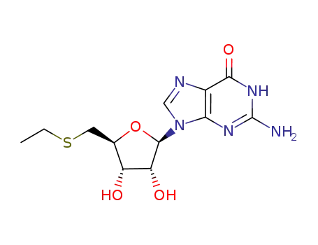Molecular Structure of 7770-26-5 (2-amino-9-(5-S-ethyl-5-thiopentofuranosyl)-3,9-dihydro-6H-purin-6-one)