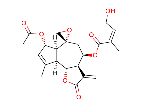 Molecular Structure of 72947-95-6 ((Z)-4-Hydroxy-2-methyl-2-butenoic acid [(3aR,6R)-7α-acetoxy-3,3aβ,4,5,6aβ,7,9aβ,9bα-octahydro-9-methyl-3-methylene-2-oxospiro[azuleno[4,5-b]furan-6(2H),2'-oxiran]-4α-yl] ester)
