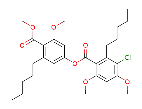 Molecular Structure of 64185-32-6 (Benzoic acid, 3-chloro-4,6-dimethoxy-2-pentyl-,
3-methoxy-4-(methoxycarbonyl)-5-pentylphenyl ester)