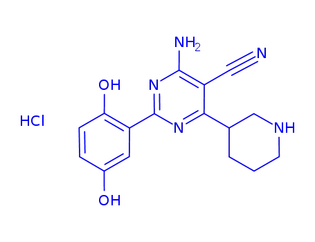 Molecular Structure of 851382-44-0 (5-PyriMidinecarbonitrile, 4-aMino-2-(2,5-dihydroxyphenyl)-6-(3-piperidinyl)-, (HCl salt))