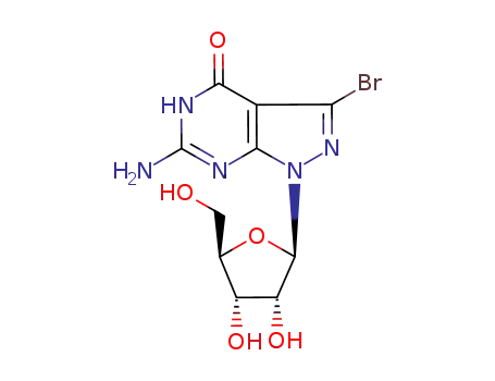 Molecular Structure of 96555-37-2 (6-amino-3-bromo-1-(beta-D-ribofuranosyl)-1,2-dihydro-4H-pyrazolo[3,4-d]pyrimidin-4-one)