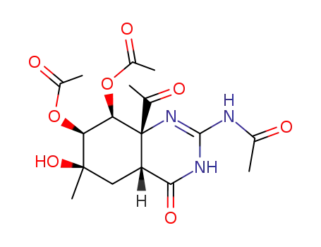 Molecular Structure of 86971-02-0 ((4aS,6R,7R,8R,8aS)-8a-acetyl-2-(acetylamino)-6-hydroxy-6-methyl-4-oxo-3,4,4a,5,6,7,8,8a-octahydroquinazoline-7,8-diyl diacetate)