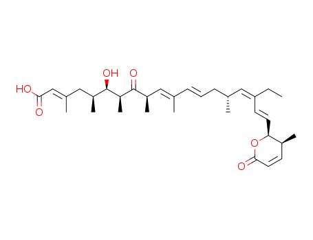 87081-35-4,LEPTOMYCIN B FROM STREPTOMYCES SP,2,10,12,16,18-Nonadecapentaenoicacid,19-(3,6-dihydro-3-methyl-6-oxo-2H-pyran-2-yl)-17-ethyl-6-hydroxy-3,5,7,9,11,15-hexamethyl-8-oxo-;Antibiotic CI 940; Antibiotic CL 1957A; CI 940; CL 1957A; Elactocin; LeptomycinB; Mantuamycin; NSC 364372; PD 114720