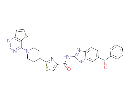 Molecular Structure of 913822-46-5 (4-Thiazolecarboxamide, N-(6-benzoyl-1H-benzimidazol-2-yl)-2-(1-thieno[3,2-d]pyrimidin-4-yl-4-piperidinyl)-)