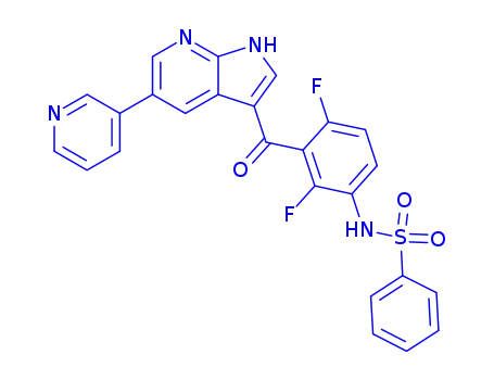 Molecular Structure of 918504-61-7 (N-[2,4-Difluoro-3-[[5-(3-pyridinyl)-1H-pyrrolo[2,3-b]pyridin-3-yl]carbonyl]phenyl]benzenesulfonamide)