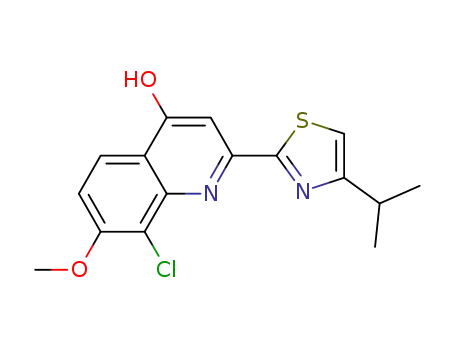 Molecular Structure of 923289-39-8 (4-Quinolinol, 8-chloro-7-methoxy-2-[4-(1-methylethyl)-2-thiazolyl]-)