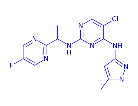 Molecular Structure of 935666-88-9 (5-Chloro-N2-[(1S)-1-(5-fluoro-2-pyrimidinyl)ethyl]-N4-(5-methyl-1H-pyrazol-3-yl)-2,4-pyrimidinediamine)