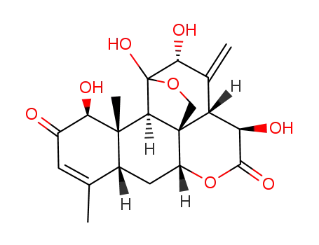 Molecular Structure of 53683-72-0 (1,11,12,15-tetrahydroxy-11,20-epoxypicrasa-3,13(21)-diene-2,16-dione)