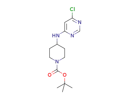 Molecular Structure of 939986-76-2 (4-(6-Chloro-pyriMidin-4-ylaMino)-piperidine-1-carboxylic acid tert-butyl ester, 98+% C14H21ClN4O2, MW: 312.80)