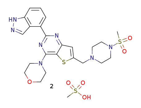Molecular Structure of 957054-50-1 (Thieno[3,2-d]pyrimidine, 2-(1H-indazol-4-yl)-6-[[4-(methylsulfonyl)-1-piperazinyl]methyl]-4-(4-morpholinyl)-)