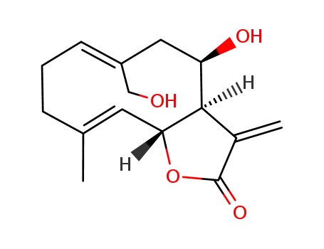 Molecular Structure of 78086-35-8 (Cyclodeca[b]furan-2(3H)-one,3a,4,5,8,9,11ahexahydro- 4-hydroxy-6-(hydroxymethyl)-10- methyl-3-methylene-,(3aR,4R,6Z,10E,11aR)- )