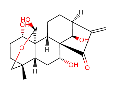 Molecular Structure of 125445-43-4 (Kaur-16-en-15-one,18,20-epoxy-1,7,14,20-tetrahydroxy-, (1a,4a,7a,14R,20R)- (9CI))
