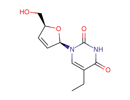 Molecular Structure of 117723-56-5 (5-ethyl-1-[(2R,5S)-5-(hydroxymethyl)-2,5-dihydrofuran-2-yl]pyrimidine-2,4(1H,3H)-dione)