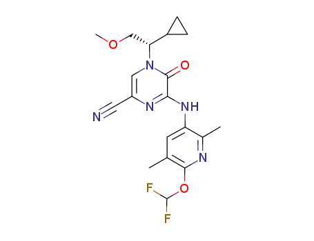 Molecular Structure of 1188407-45-5 (2-Pyrazinecarbonitrile, 4-[(1S)-1-cyclopropyl-2-methoxyethyl]-6-[[6-(difluoromethoxy)-2,5-dimethyl-3-pyridinyl]amino]-4,5-dihydro-5-oxo-)