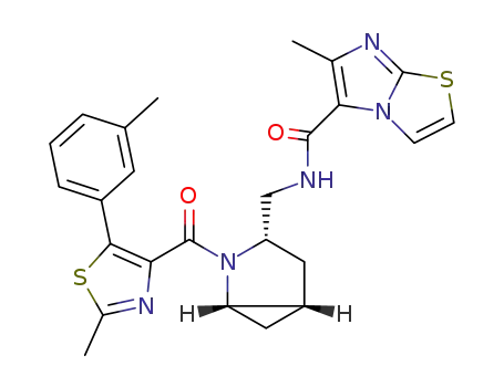 Molecular Structure of 1038505-88-2 (Imidazo[2,1-b]thiazole-5-carboxamide, 6-methyl-N-[[(1S,3S,5S)-2-[[2-methyl-5-(3-methylphenyl)-4-thiazolyl]carbonyl]-2-azabicyclo[3.1.0]hex-3-yl]methyl]-)