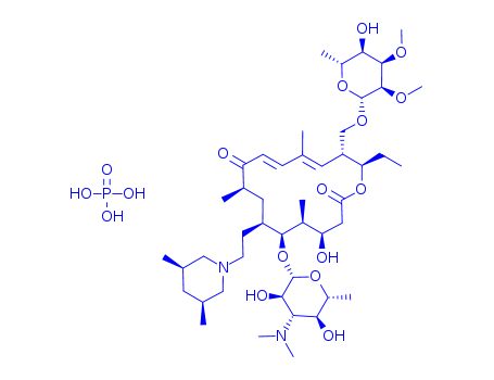 137330-13-3,Tilmicosin phosphate,Tylosin,4A-O-de(2,6-dideoxy-3-C-methyl-a-L-ribo-hexopyranosyl)-20-deoxo-20-(3,5-dimethyl-1-piperidinyl)-,[20(cis)]-, phosphate (1:1) (salt);[(2R,3R,4E,6E,9R,11R,12S,13S,14R)-12-{[3,6-Dideoxy-3-(dimethylamino)-beta-D-glucopyranosyl]oxy}-11-{2-[(3R,5S)-3,5-dimethylpiperidin-1-yl]ethyl}-2-ethyl-14-hydroxy-5,9,13-trimethyl-8,16-dioxooxacyclohexadeca-4,6-dien-3-yl]methyl 6-deoxy-2,3-di-O-methyl-beta-D-allopyranoside phosphate (1:1);oxacyclohexadeca-11,13-diene-2,10-dione, 15-[[(6-deoxy-2,3-di-O-methyl-beta-D-allopyranosyl)oxy]methyl]-6-[[3,6-dideoxy-3-(dimethylamino)-beta-D-glucopyranosyl]oxy]-7-[2-[(3R,5S)-3,5-dimethyl-1-piperidinyl]ethyl]-16-ethyl-4-hydroxy-5,9,13-trimethyl-, (4R,5S,6S,7R,9R,11E,13E,15R,16R)-, phosphate (1:1) (salt);Tylosin, 4(sup A)-O-de(2,6-dideoxy-3-C-methyl-alpha-L-ribo-;