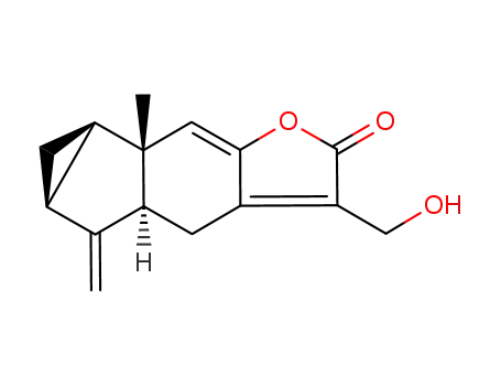 Molecular Structure of 76015-58-2 ((4aS)-4aα,5,5aα,6,6aα,6b-Hexahydro-3-(hydroxymethyl)-5-methylene-6bβ-methylcyclopropa[2,3]indeno[5,6-b]furan-2(4H)-one)
