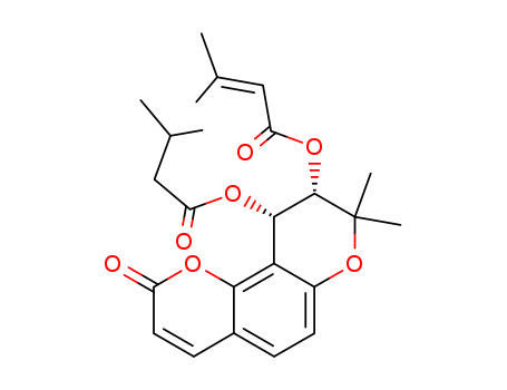 Molecular Structure of 146428-59-3 (2-Butenoic acid,3-methyl-,9,10-dihydro-8,8-dimethyl-10-(3-methyl-1-oxobutoxy)-2-oxo-2H,8H-benzo[1,2-b:3,4-b']dipyran-9-ylester, (9S,10S)- (9CI))