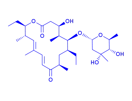 Molecular Structure of 75399-55-2 ((11E,13E)-7,16-diethyl-4-hydroxy-5,9,13,15-tetramethyl-2,10-dioxooxacyclohexadeca-11,13-dien-6-yl 2,6-dideoxy-3-C-methylhexopyranoside)