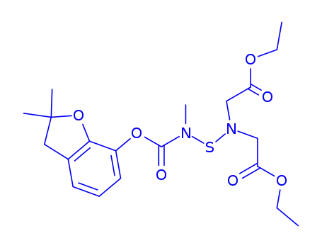 Molecular Structure of 82560-27-8 (ethyl 2-[[(2,2-dimethyl-3H-benzofuran-7-yl)oxycarbonyl-methyl-amino]su lfanyl-(ethoxycarbonylmethyl)amino]acetate)