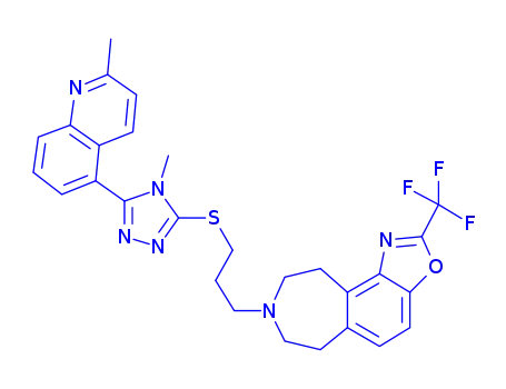 Molecular Structure of 873446-68-5 (6H-Oxazolo[4,5-g][3]benzazepine, 7,8,9,10-tetrahydro-8-[3-[[4-methyl-5-(2-methyl-5-quinolinyl)-4H-1,2,4-triazol-3-yl]thio]propyl]-2-(trifluoromethyl)-)
