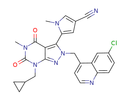 1H-Pyrrole-3-carbonitrile, 5-[2-[(6-chloro-4-quinolinyl)methyl]-7-(cyclopropylmethyl)-4,5,6,7-tetrahydro-5-methyl-4,6-dioxo-2H-pyrazolo[3,4-d]pyrimidin-3-yl]-1-methyl-