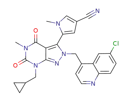Molecular Structure of 946411-72-9 (1H-Pyrrole-3-carbonitrile, 5-[2-[(6-chloro-4-quinolinyl)methyl]-7-(cyclopropylmethyl)-4,5,6,7-tetrahydro-5-methyl-4,6-dioxo-2H-pyrazolo[3,4-d]pyrimidin-3-yl]-1-methyl-)