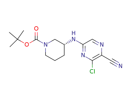 Molecular Structure of 1207852-79-6 (tert-butyl (3R)-3-[(6-chloro-5-cyanopyrazin-2-yl)amino]piperidine-1-carboxylate)