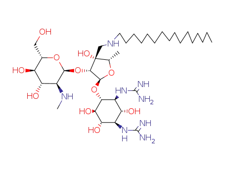 Molecular Structure of 56222-72-1 ((1<i>R</i>)-<i>N</i>,<i>N</i>'-dicarbamimidoyl-<i>O</i><sup>4</sup>-[3-(hexadecylamino-methyl)-<i>O</i><sup>2</sup>-(2-methylamino-2-deoxy-α-L-glucopyranosyl)-5-deoxy-α-L-lyxofuranosyl]-streptamine)