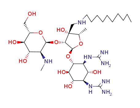 Molecular Structure of 56222-69-6 ((1<i>R</i>)-<i>N</i>,<i>N</i>'-dicarbamimidoyl-<i>O</i><sup>4</sup>-[3-(decylamino-methyl)-<i>O</i><sup>2</sup>-(2-methylamino-2-deoxy-α-L-glucopyranosyl)-5-deoxy-α-L-lyxofuranosyl]-streptamine)