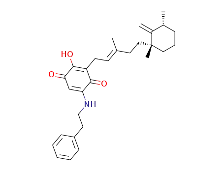 Molecular Structure of 143592-24-9 (2,5-Cyclohexadiene-1,4-dione,3-[(2E)-5-[(1R,3R)-1,3-dimethyl-2-methylenecyclohexyl]-3-methyl-2-penten-1-yl]-2-hydroxy-5-[(2-phenylethyl)amino]-)