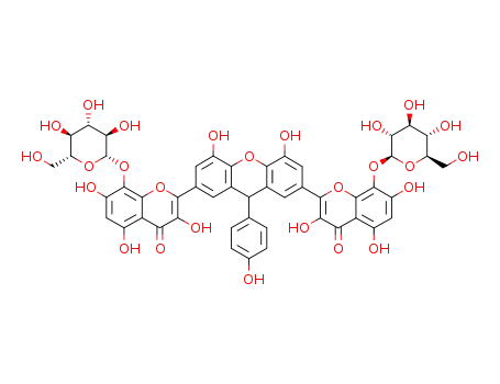 Molecular Structure of 1283102-47-5 (2-(4,5-dihydroxy-9-(4-hydroxyphenyl)-7-(3,5,7-trihydroxy-8-{(3,4,5-trihydroxy-6-(hydroxymethyl)-tetrahydro-2H-2-pyranyl)oxy}-4-oxo-4H-2-chromenyl)-9H-2-xanthenyl)-3,5,7-trihydroxy-8-{(3,4,5-trihydroxy-6-(hydroxymethyl)-tetrahydro-2H-2-pyranyl)oxy}-4H-4-chromenone)