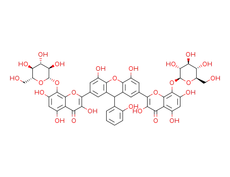 Molecular Structure of 1283102-48-6 (2-(4,5-dihydroxy-9-(2-hydroxyphenyl)-7-(3,5,7-trihydroxy-8-{(3,4,5-trihydroxy-6-(hydroxymethyl)-tetrahydro-2H-2-pyranyl)oxy}-4-oxo-4H-2-chromenyl)-9H-2-xanthenyl)-3,5,7-trihydroxy-8-{(3,4,5-trihydroxy-6-(hydroxymethyl)-tetrahydro-2H-2-pyranyl)oxy}-4H-4-chromenone)