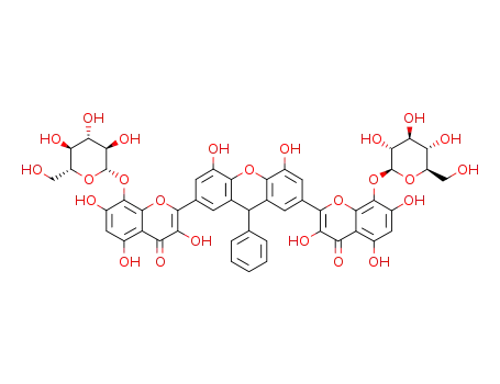 Molecular Structure of 1283102-43-1 (2-(4,5-dihydroxy-9-phenyl-7-(3,5,7-trihydroxy-8-{(3,4,5-trihydroxy-6-(hydroxymethyl)-tetrahydro-2H-2-pyranyl)oxy}-4-oxo-4H-2-chromenyl)-9H-2-xanthenyl)-3,5,7-trihydroxy-8-{(3,4,5-trihydroxy-6-(hydroxymethyl)-tetrahydro-2H-2-pyranyl)oxy}-4H-4-chromenone)