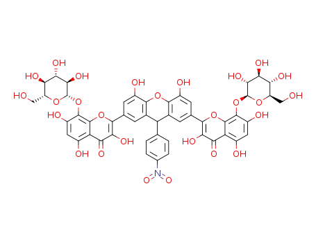 Molecular Structure of 1283102-51-1 (2-(4,5-dihydroxy-9-(4-nitrophenyl)-7-(3,5,7-trihydroxy-8-{(3,4,5-trihydroxy-6-(hydroxymethyl)-tetrahydro-2H-2-pyranyl)oxy}-4-oxo-4H-2-chromenyl)-9H-2-xanthenyl)-3,5,7-trihydroxy-8-{(3,4,5-trihydroxy-6-(hydroxymethyl)-tetrahydro-2H-2-pyranyl)oxy}-4H-4-chromenone)