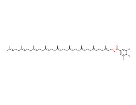 Molecular Structure of 124159-62-2 (3,4,5-triiodo-benzoic acid-(3,7,11,15,19,23,27,31,35-nonamethyl-hexatriaconta-2<i>t</i>,6<i>t</i>,10<i>t</i>,14<i>t</i>,18<i>t</i>,22<i>t</i>,26<i>t</i>,30<i>t</i>,34-nonaenyl ester))
