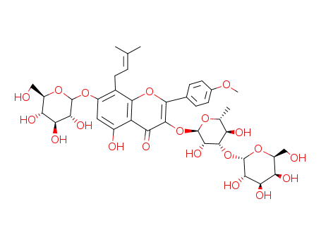 Molecular Structure of 140147-77-9 (3-[(6-Deoxy-3-O-beta-D-glucopyranosyl-alpha-L-mannopyranosyl)oxy]-7-(beta-D-glucopyranosyloxy)-5-hydroxy-2-(4-methoxyphenyl)-8-(3-methyl-2-buten-1-yl)-4H-1-benzopyran-4-one)