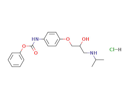 Molecular Structure of 38734-91-7 (Carbamic acid, [4-[2-hydroxy-3-[(1-methylethyl)amino]propoxy]phenyl]-,
phenyl ester, monohydrochloride)