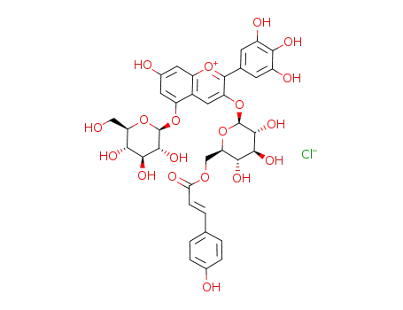 Molecular Structure of 64615-55-0 (1-Benzopyrylium, 5-(b-D-glucopyranosyloxy)-7-hydroxy-3-[[6-O-[(2E)-3-(4-hydroxyphenyl)-1-oxo-2-propen-1-yl]-b-D-glucopyranosyl]oxy]-2-(3,4,5-trihydroxyphenyl)-,chloride (1:1))