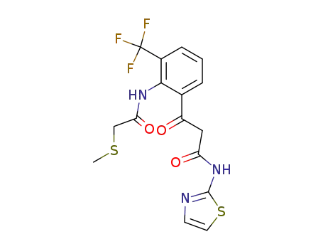 Molecular Structure of 91533-78-7 (Benzenepropanamide,
2-[[(methylthio)acetyl]amino]-b-oxo-N-2-thiazolyl-3-(trifluoromethyl)-)