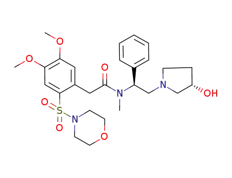Molecular Structure of 569671-24-5 (Benzeneacetamide,
N-[(1S)-2-[(3S)-3-hydroxy-1-pyrrolidinyl]-1-phenylethyl]-4,5-dimethoxy-N
-methyl-2-(4-morpholinylsulfonyl)-)