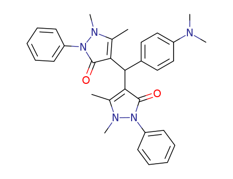 2088-76-8,Redoxan III,1,5,1',5'-tetramethyl-2,2'-diphenyl-1,2,1',2'-tetrahydro-4,4'-(4-dimethylamino-phenylmethanediyl)-bis-pyrazol-3-one;diantipyryldimethyl-p-aminophenyl methane;p-Dimethylaminophenyldiantipyrylmethan;1,5,1',5'-Tetramethyl-2,2'-diphenyl-1,2,1',2'-tetrahydro-4,4'-(4-dimethylamino-benzyliden)-bis-pyrazol-3-on;(4-Dimethylamino-phenyl)-diantipyryl-methan;1,5,1',5'-tetramethyl-2,2'-diphenyl-1,2,1',2'-tetrahydro-4,4'-(4-dimethylamino-benzylidene)-bis-pyrazol-3-one;