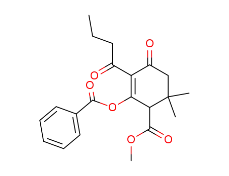 Molecular Structure of 143391-74-6 (2-Cyclohexene-1-carboxylic acid,
2-(benzoyloxy)-6,6-dimethyl-4-oxo-3-(1-oxobutyl)-, methyl ester)
