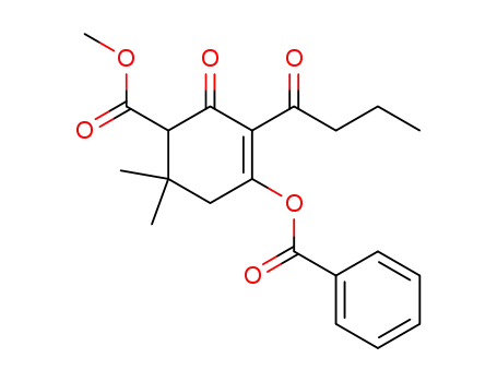 Molecular Structure of 143391-71-3 (3-Cyclohexene-1-carboxylic acid,
4-(benzoyloxy)-6,6-dimethyl-2-oxo-3-(1-oxobutyl)-, methyl ester)