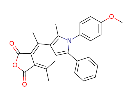 Molecular Structure of 145412-08-4 (2,5-Furandione,
dihydro-3-[1-[1-(4-methoxyphenyl)-2-methyl-5-phenyl-1H-pyrrol-3-yl]ethyl
idene]-4-(1-methylethylidene)-, (E)-)