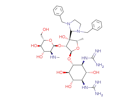 Molecular Structure of 47896-20-8 ((1<i>R</i>)-<i>N,N</i>'-bis-carbamimidoyl-<i>O</i><sup>4</sup>-[3-(1,3-dibenzyl-imidazolidin-2-yl)-<i>O</i><sup>2</sup>-(2-methylamino-2-deoxy-α-L-glucopyranosyl)-5-deoxy-α-L-lyxofuranosyl]-streptamine)